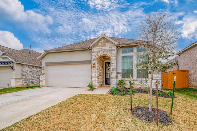 view of front of property with a garage, a front yard, stone siding, and driveway