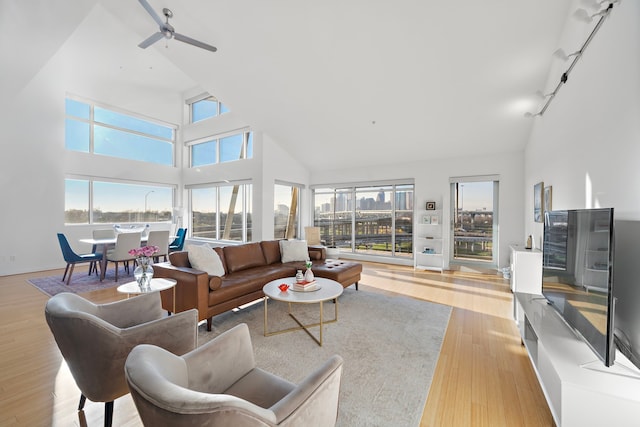 living area with ceiling fan, high vaulted ceiling, light wood finished floors, and rail lighting