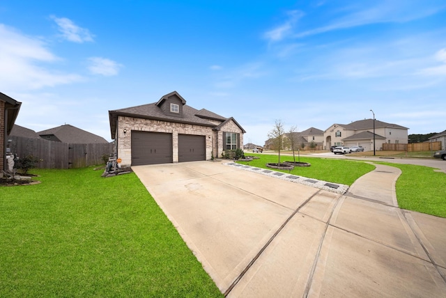 french provincial home with brick siding, fence, driveway, a residential view, and a front lawn