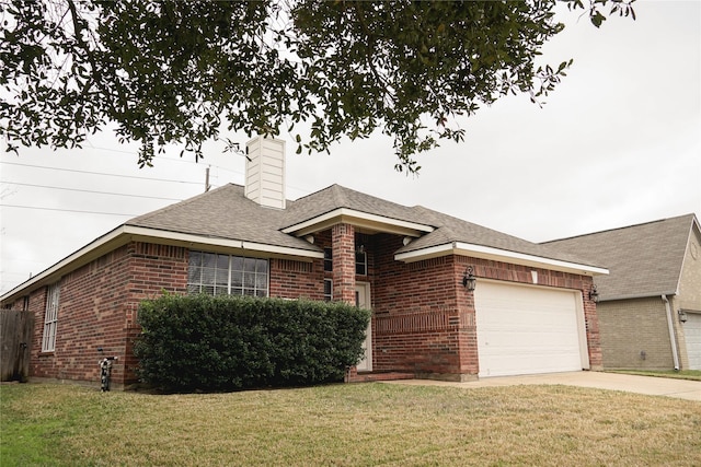 single story home featuring driveway, brick siding, and a front lawn