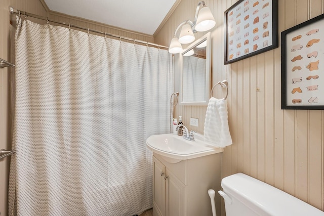 full bathroom featuring vanity, toilet, and a shower with curtain