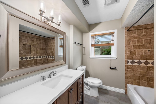 full bathroom with toilet, shower / bath combination, vanity, visible vents, and baseboards