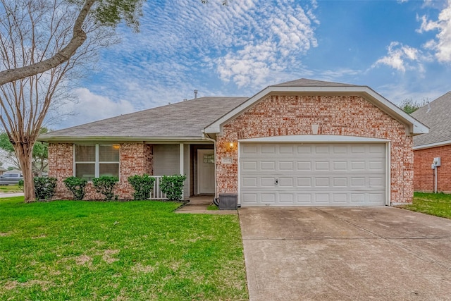 ranch-style home featuring a garage, brick siding, concrete driveway, roof with shingles, and a front lawn