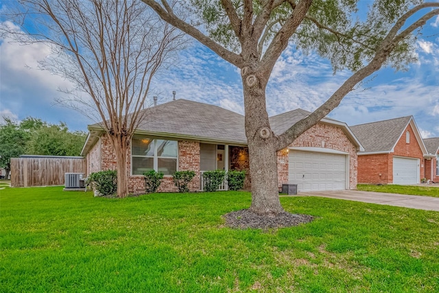 ranch-style home with a front lawn, fence, brick siding, and central air condition unit