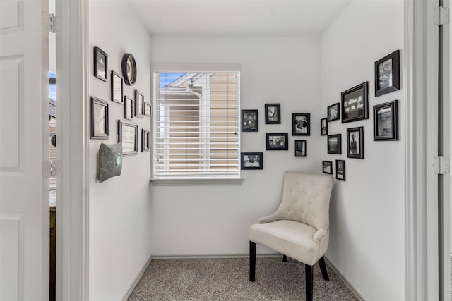 living area featuring carpet and baseboards