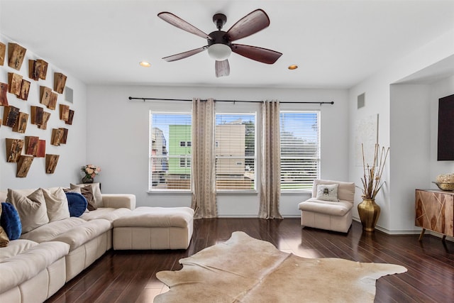 living room featuring baseboards, visible vents, a ceiling fan, wood finished floors, and recessed lighting