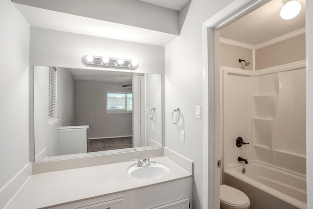 full bath with shower / bath combination, vanity, and toilet