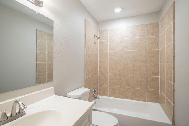 full bathroom with toilet, recessed lighting, shower / washtub combination, and vanity