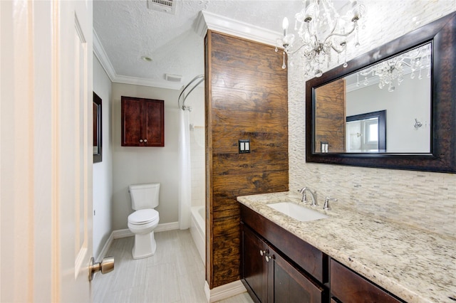 bathroom with a textured ceiling, bathtub / shower combination, toilet, visible vents, and vanity