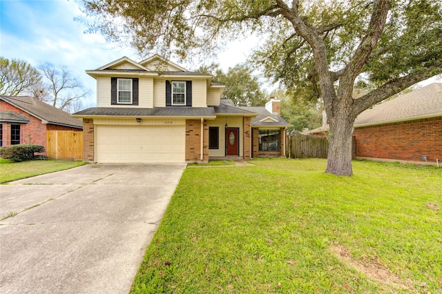 traditional home with driveway, brick siding, a chimney, fence, and a front yard