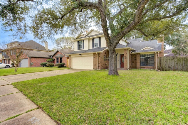 traditional-style house with brick siding, fence, a front lawn, concrete driveway, and an attached garage