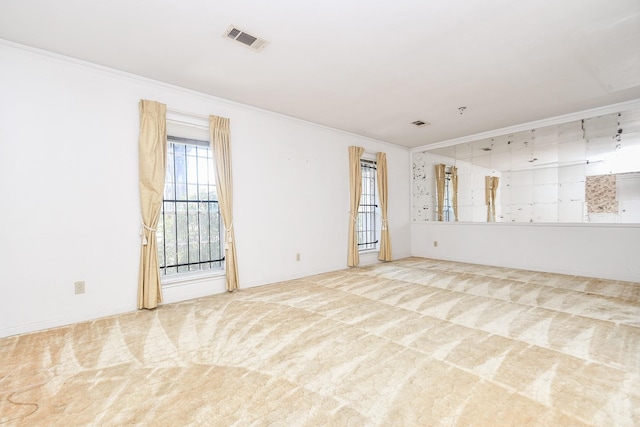 spare room with visible vents, carpet flooring, and ornamental molding