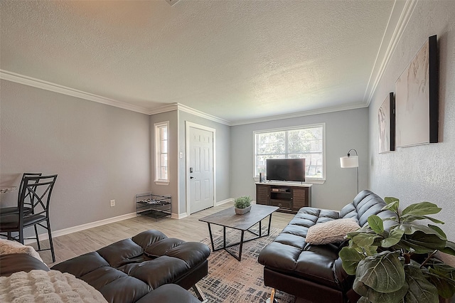 living room featuring light wood-style floors, ornamental molding, and a textured ceiling