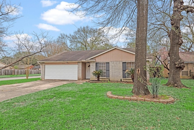 view of front of property featuring a garage, brick siding, fence, concrete driveway, and a front yard