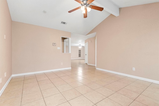 empty room with lofted ceiling with beams, light tile patterned floors, visible vents, baseboards, and a ceiling fan