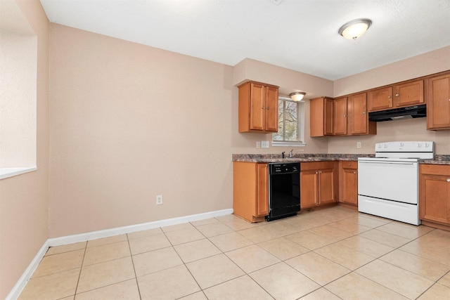 kitchen featuring under cabinet range hood, brown cabinets, electric stove, and dishwasher