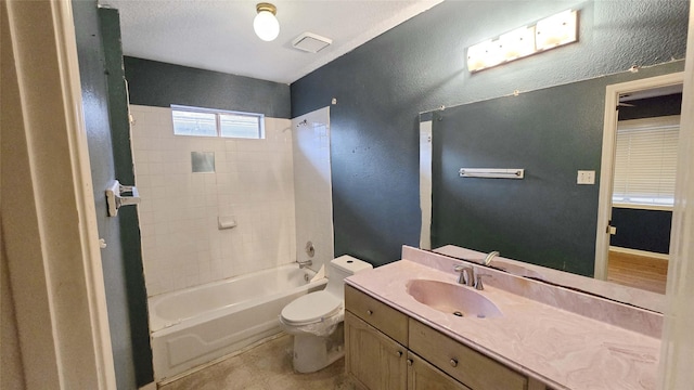 full bathroom featuring a textured wall, vanity, shower / tub combination, and toilet