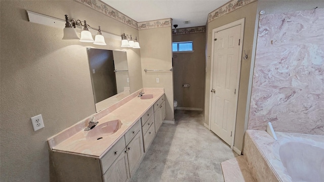 full bathroom with toilet, a sink, a closet, a bath, and double vanity