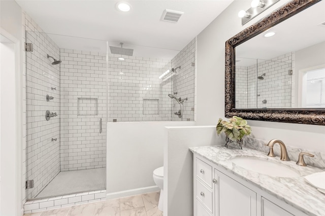 full bath featuring marble finish floor, a stall shower, vanity, and visible vents