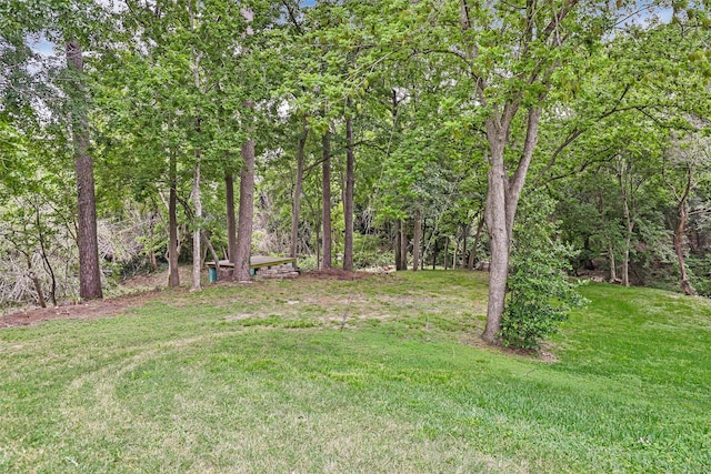 view of yard with a view of trees