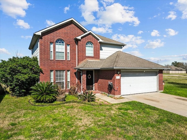 traditional home with driveway, a garage, a shingled roof, a front yard, and brick siding