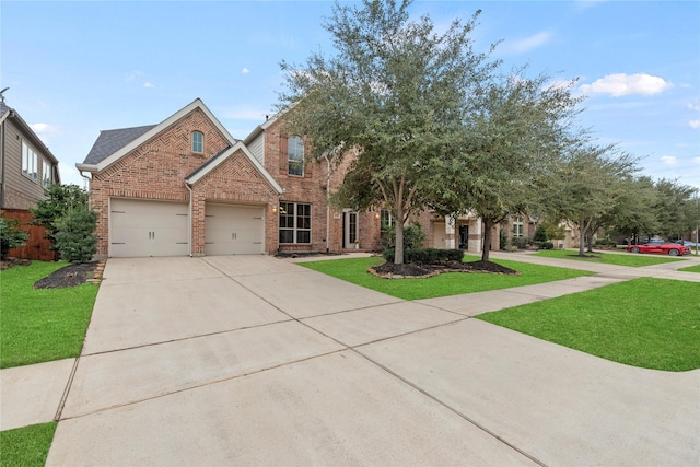 view of front facade featuring an attached garage, concrete driveway, brick siding, and a front yard