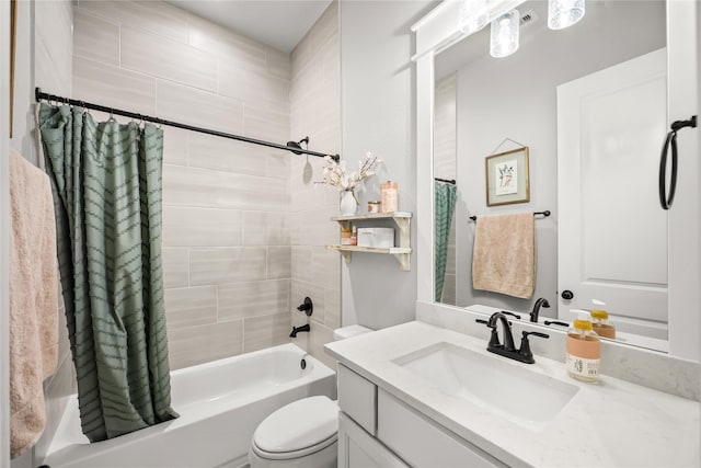 full bathroom featuring vanity, shower / bath combination with curtain, and toilet