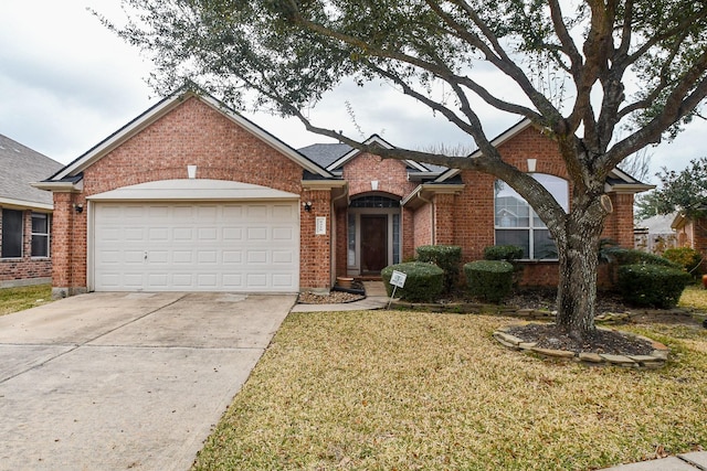 ranch-style house featuring a garage, concrete driveway, brick siding, and a front lawn