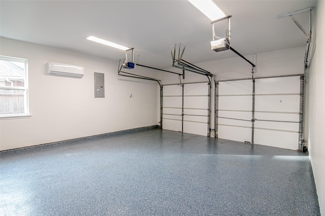 garage featuring electric panel, a garage door opener, and a wall unit AC