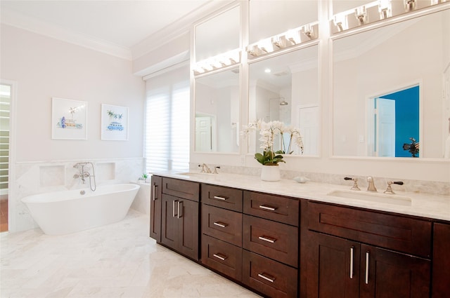 full bathroom featuring crown molding, a soaking tub, double vanity, and a sink