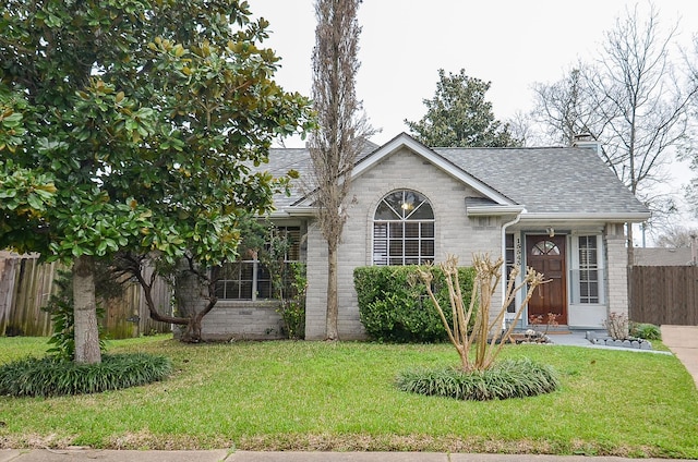 single story home with brick siding, a chimney, a shingled roof, fence, and a front lawn