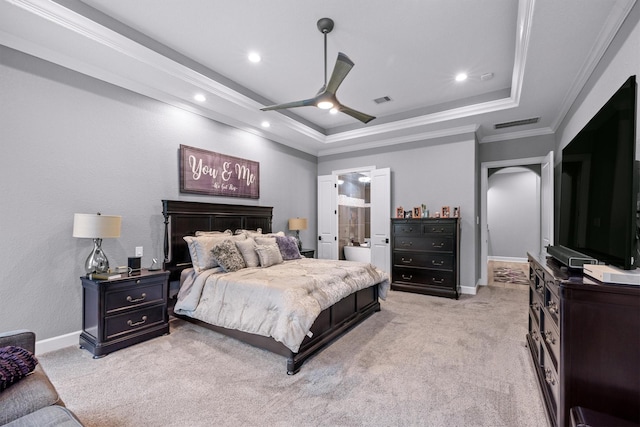 bedroom with light carpet, baseboards, visible vents, a raised ceiling, and crown molding