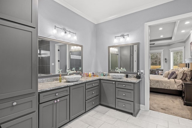 bathroom with connected bathroom, ornamental molding, tile patterned flooring, vanity, and recessed lighting