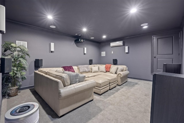 cinema with recessed lighting, baseboards, a wall mounted AC, carpet, and crown molding