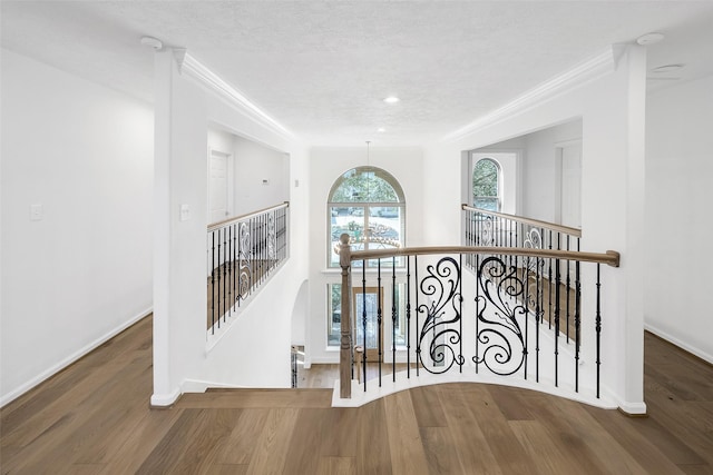 corridor with baseboards, dark wood finished floors, crown molding, and an upstairs landing