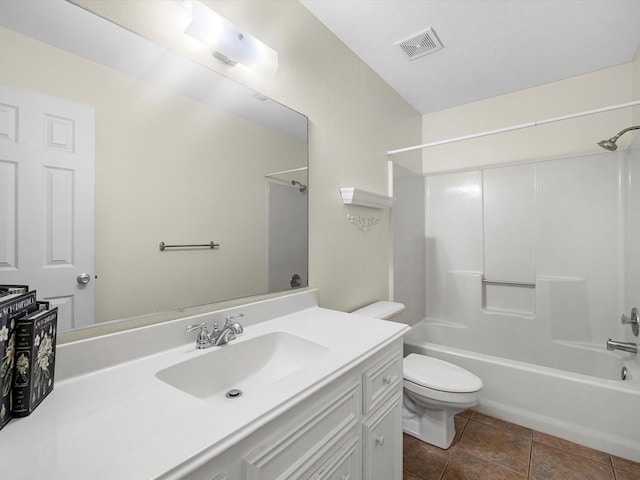 full bath with bathing tub / shower combination, visible vents, toilet, vanity, and tile patterned flooring