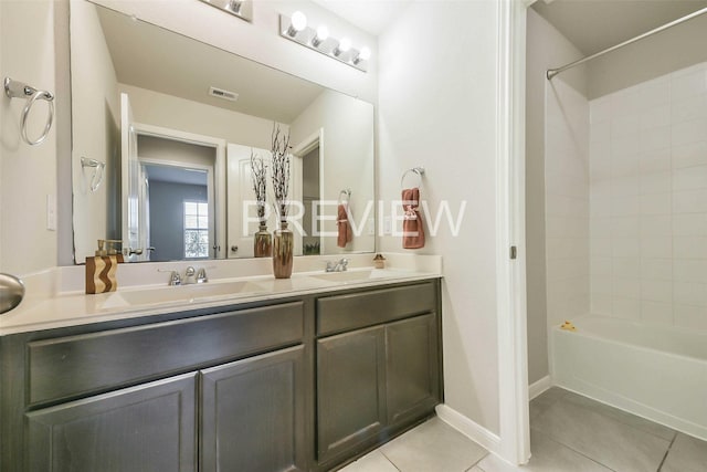 bathroom with tile patterned flooring, bathtub / shower combination, a sink, and double vanity