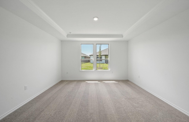 spare room with ornamental molding, a raised ceiling, and baseboards