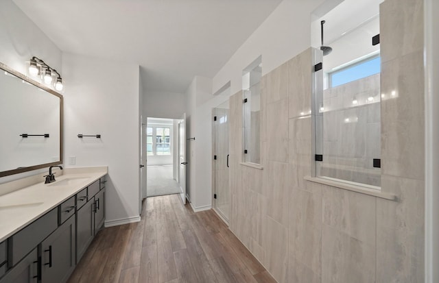 bathroom with a walk in shower, wood finished floors, a sink, baseboards, and double vanity