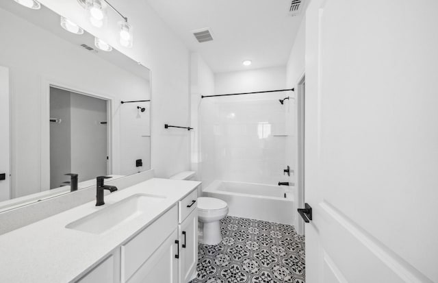 bathroom featuring toilet, shower / bath combination, vanity, and visible vents