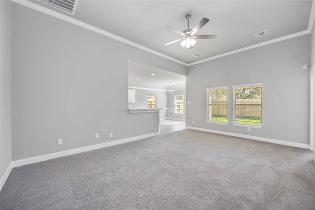 unfurnished living room featuring ceiling fan with notable chandelier, light carpet, visible vents, baseboards, and crown molding