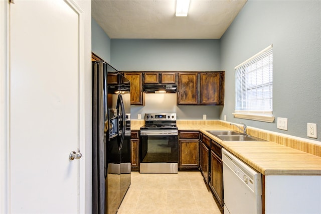 kitchen with white dishwasher, under cabinet range hood, black fridge with ice dispenser, light countertops, and stainless steel electric range oven