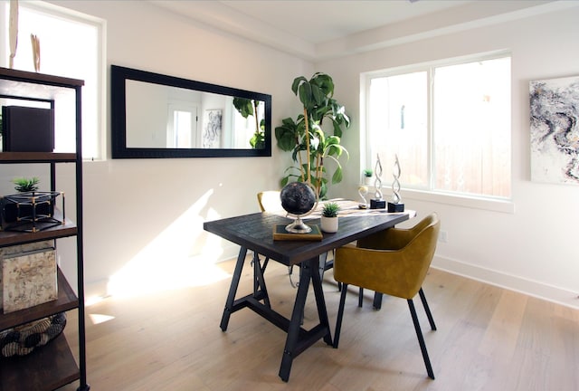 dining room with light wood-type flooring and baseboards