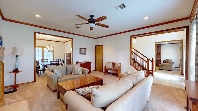 living room featuring light carpet, stairs, visible vents, and ornamental molding