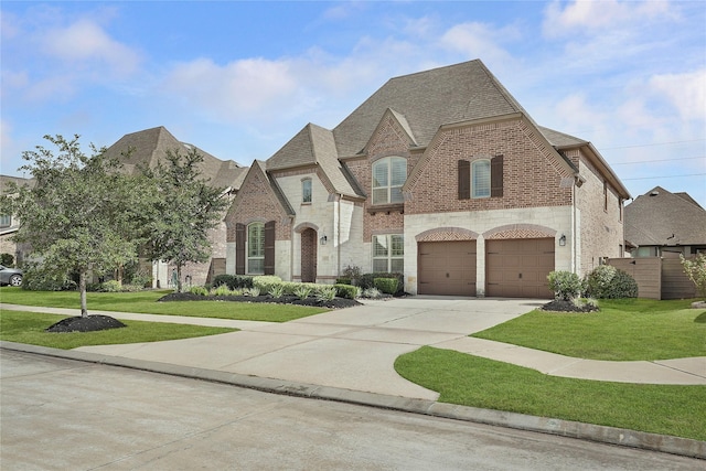 french provincial home featuring a garage, brick siding, concrete driveway, roof with shingles, and a front yard