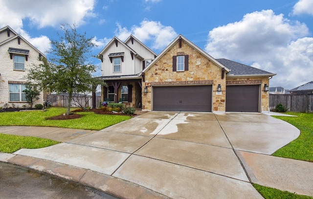 view of front of property with a front yard, roof with shingles, fence, and an attached garage