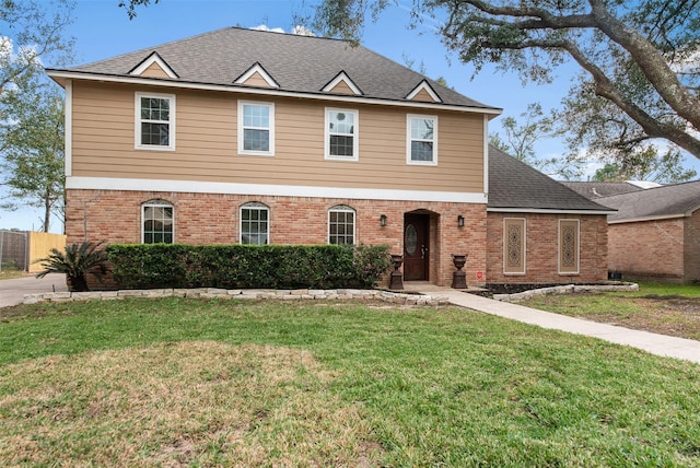 view of front facade with brick siding, a front yard, and a shingled roof