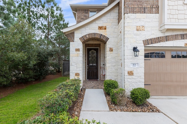 view of exterior entry with stone siding