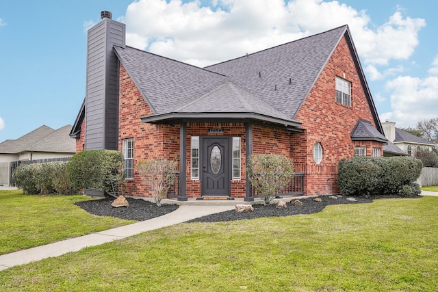 tudor-style house featuring a shingled roof, a front yard, brick siding, and a chimney