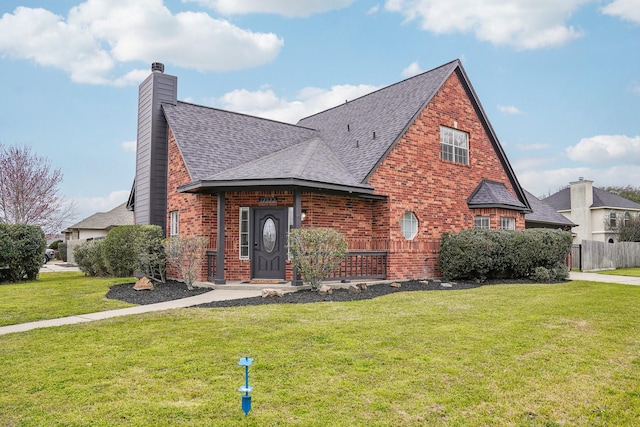 tudor house featuring roof with shingles, a chimney, a front lawn, and brick siding